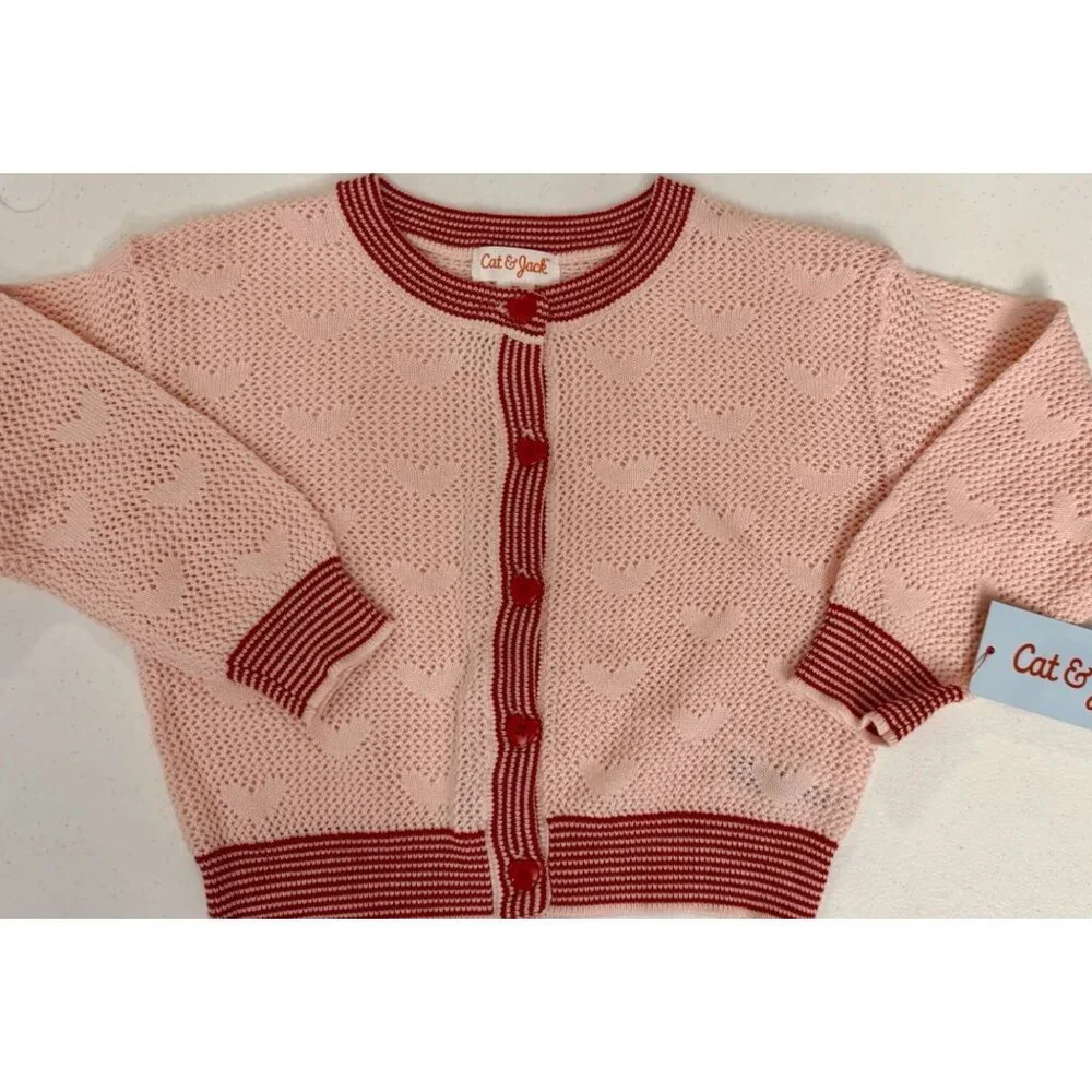Cat & Jack Pointelle Heart Cardigan TODDLER GIRLS SIZE 4T Pink NEW